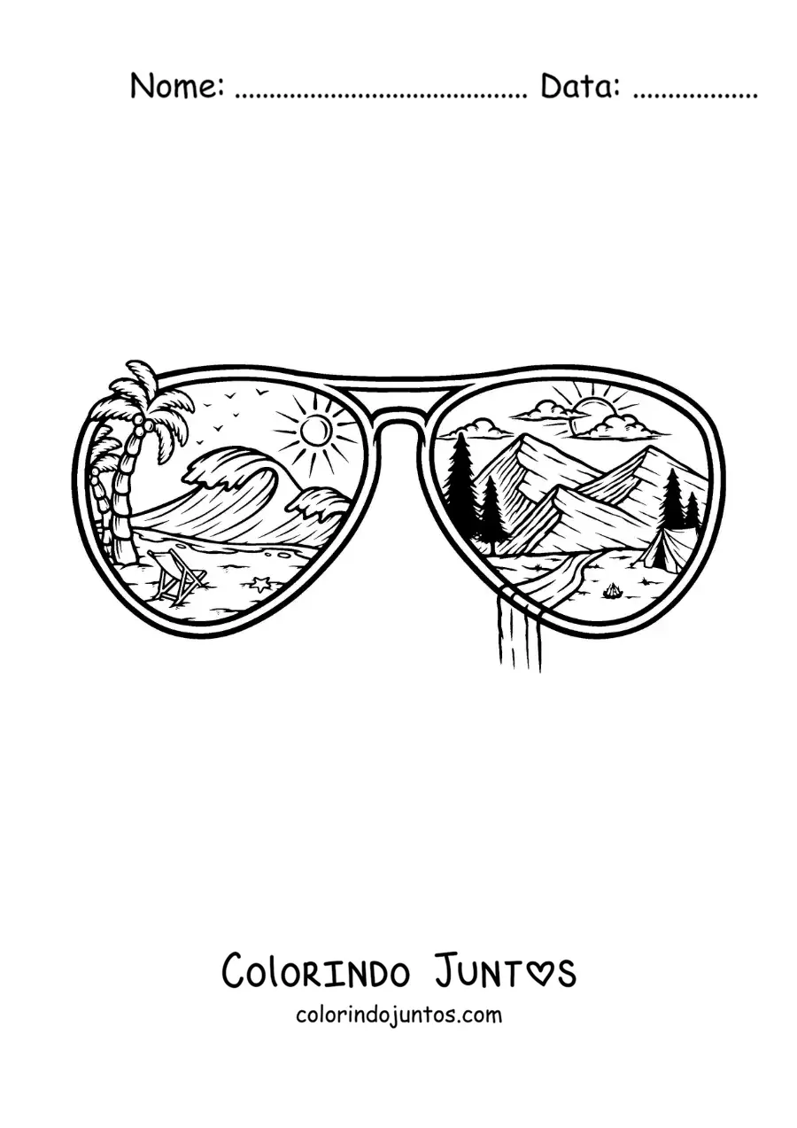 Desenho para colorir de óculos de sol com uma paisagem