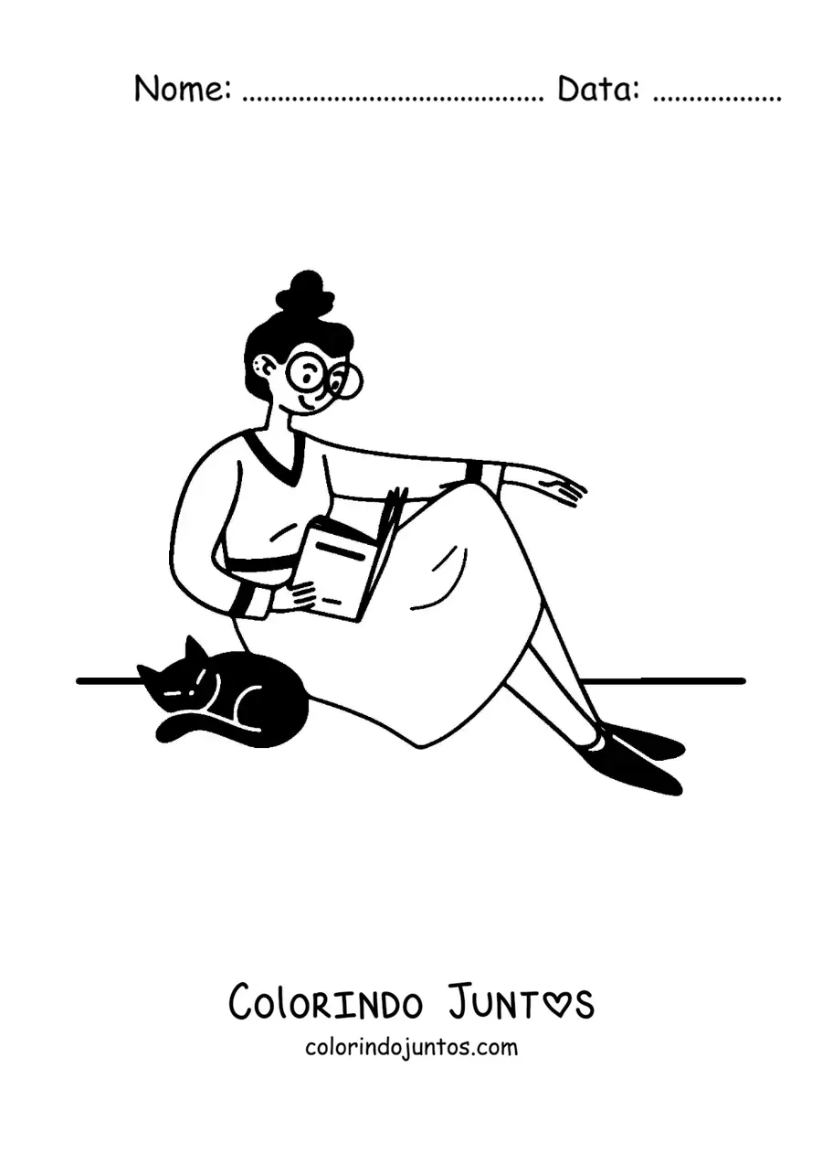 Desenho para colorir de garota de óculos sentada lendo ao lado do seu gato