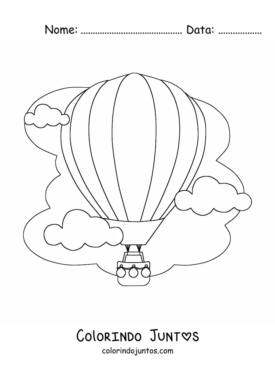 Desenho para colorir de um balao de ar quente entre nuvens no ceu