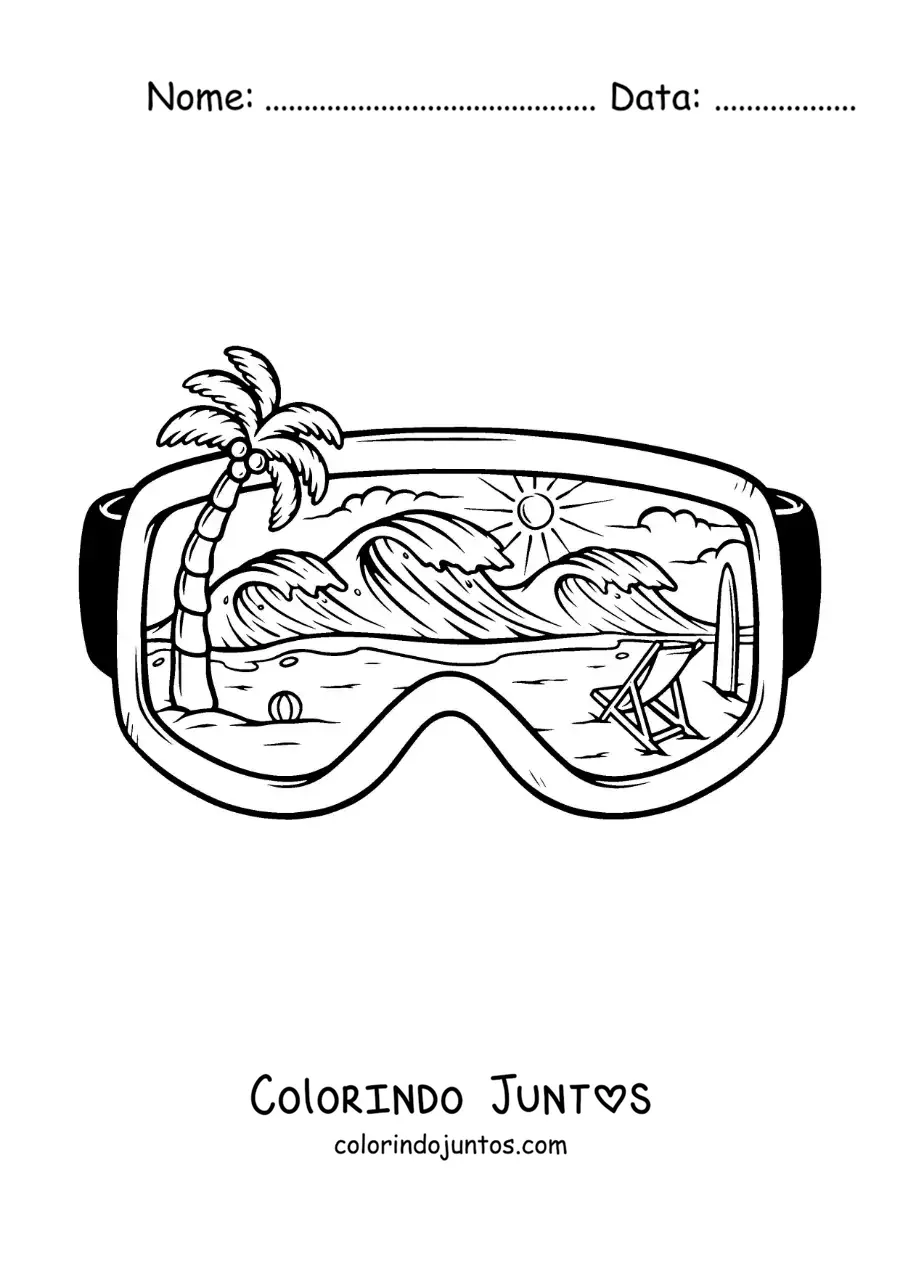 Desenho para colorir de óculos de mergulho com uma paisagem de praia