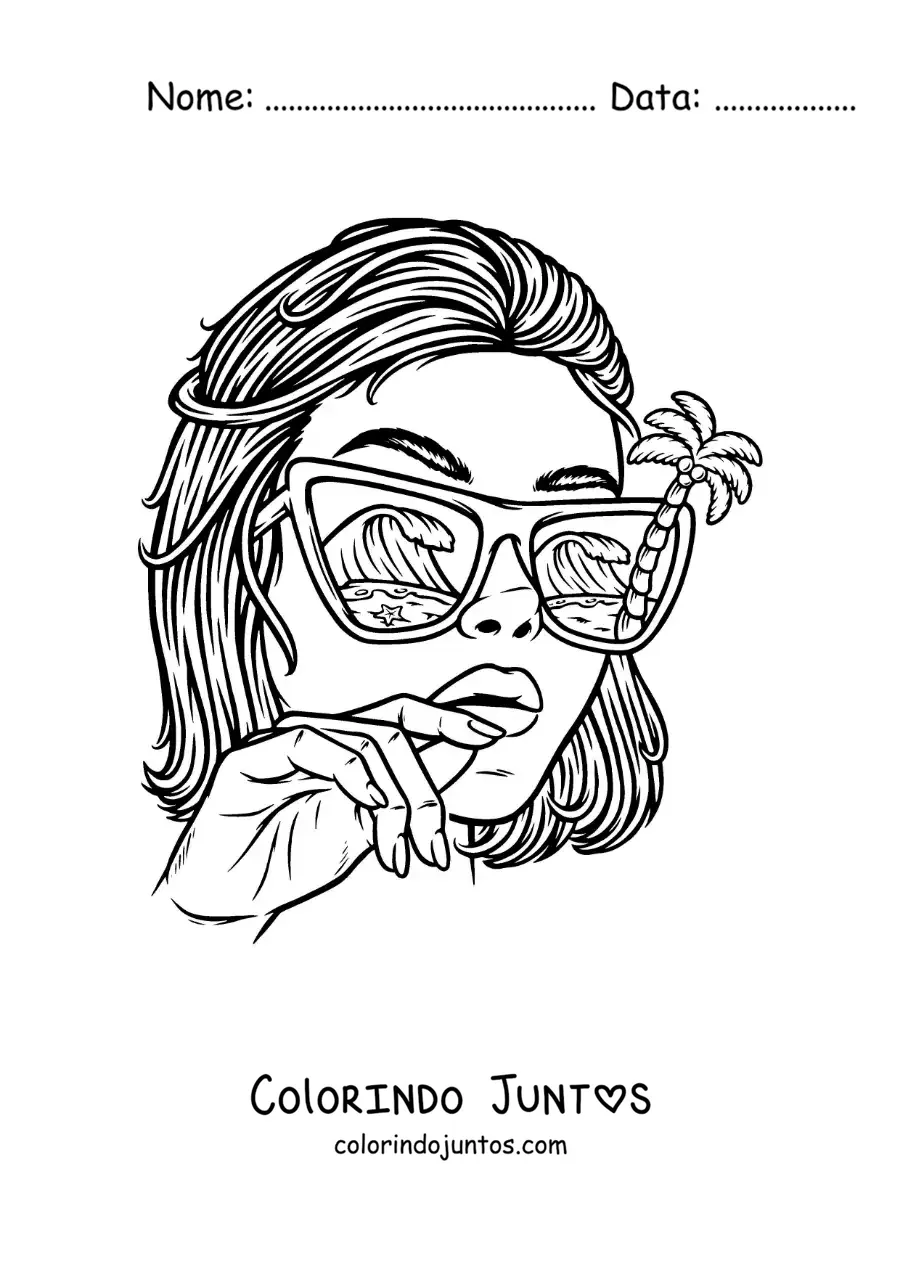 Desenho para colorir de linda garota com óculos de sol e uma paisagem de praia