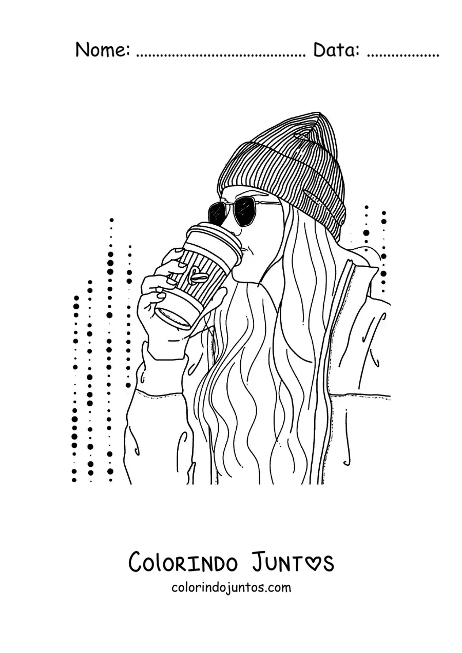 Desenho para colorir de garota tumblr de óculos e gorro tomando café