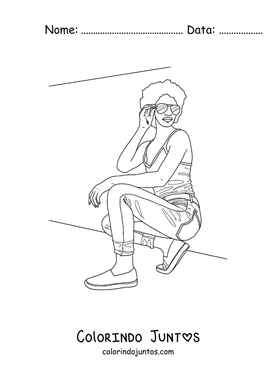 Desenho para colorir de linda mulher afro-americana com óculos da moda