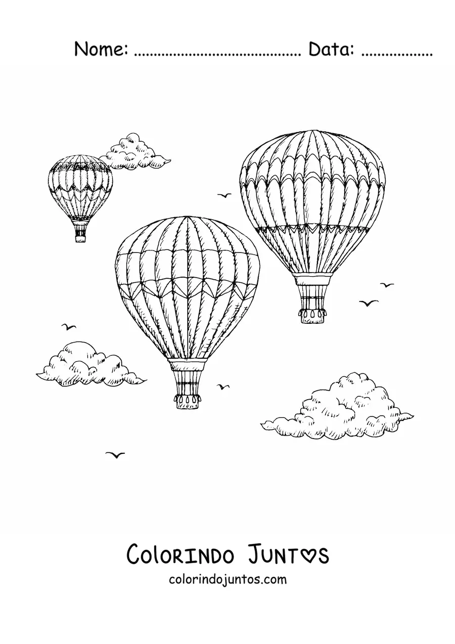 Desenho para colorir de tres baloes de ar quente no ceu