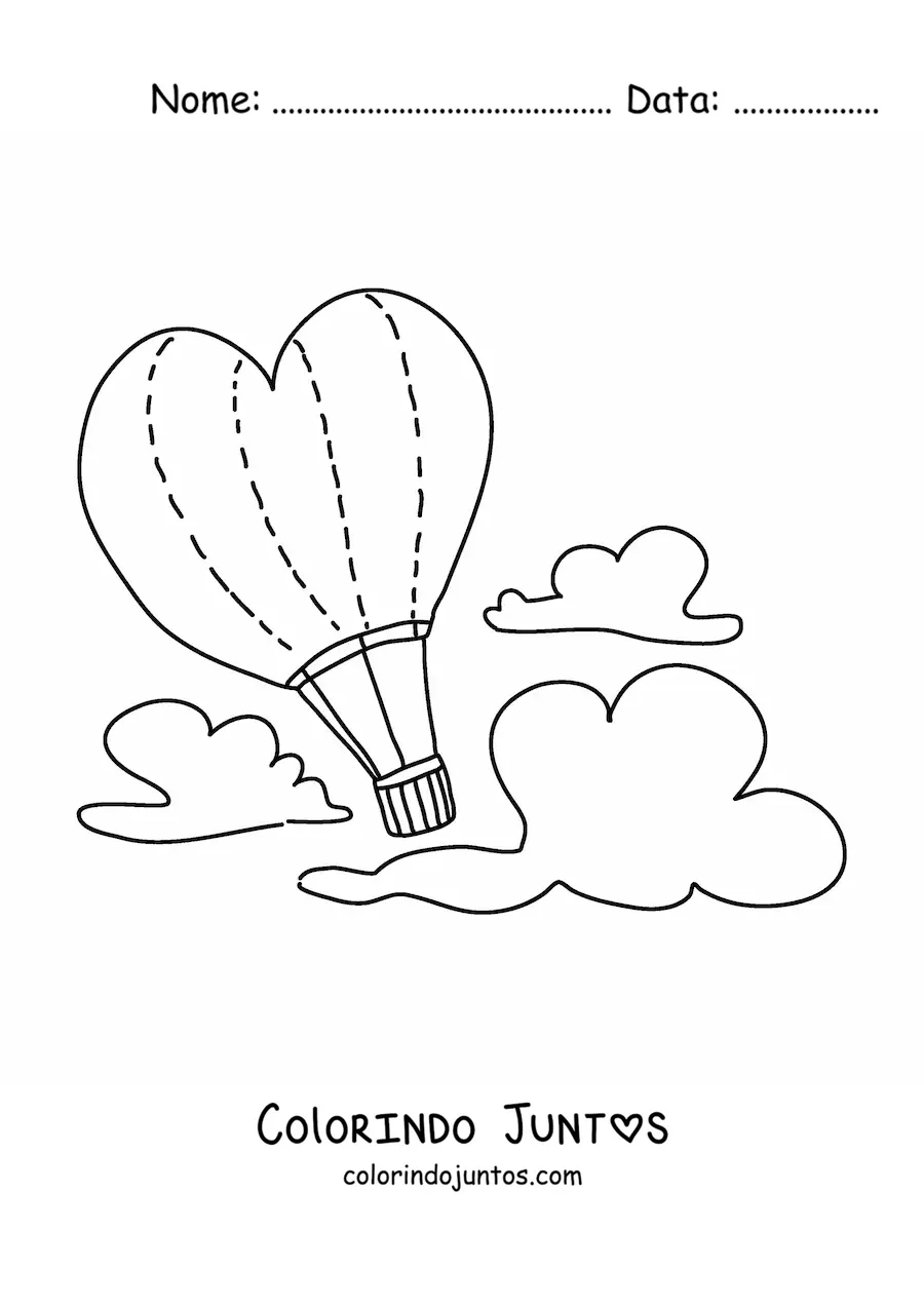 Desenho para colorir de um balao de ar quente em forma de coracao no ceu