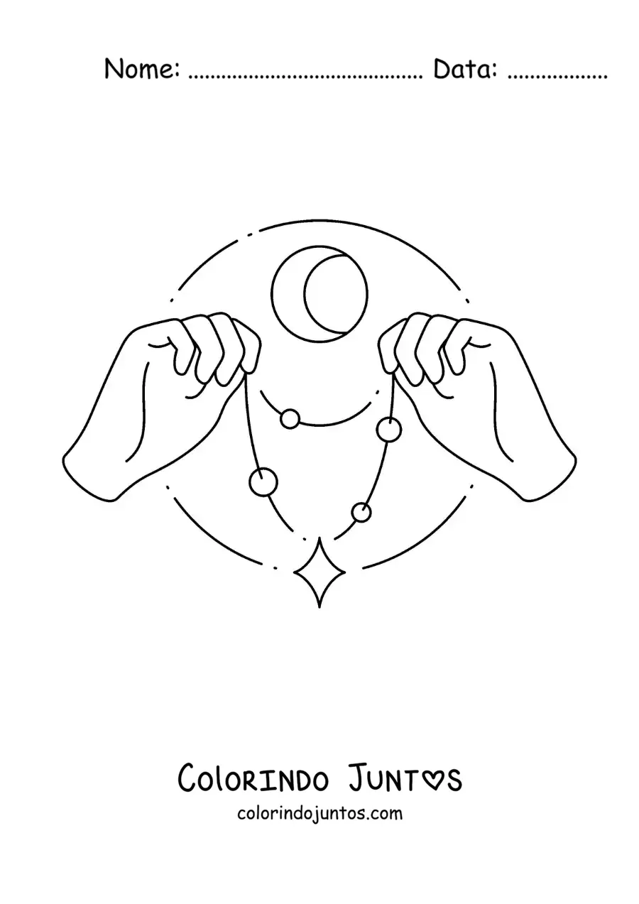 Desenho para colorir de mãos segurando um colar de miçangas