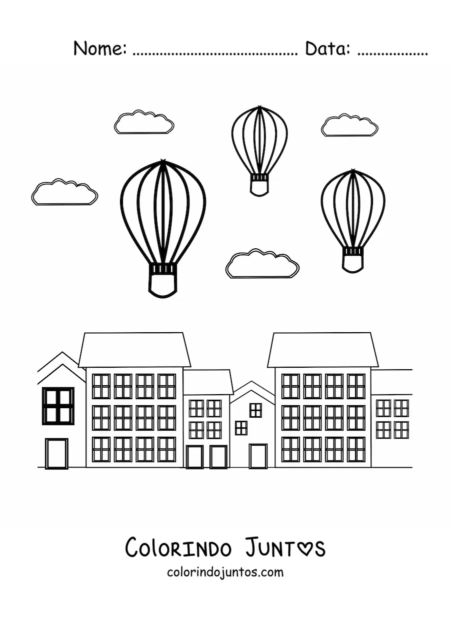 Desenho para colorir de tres baloes de ar quente voando sobre a cidade