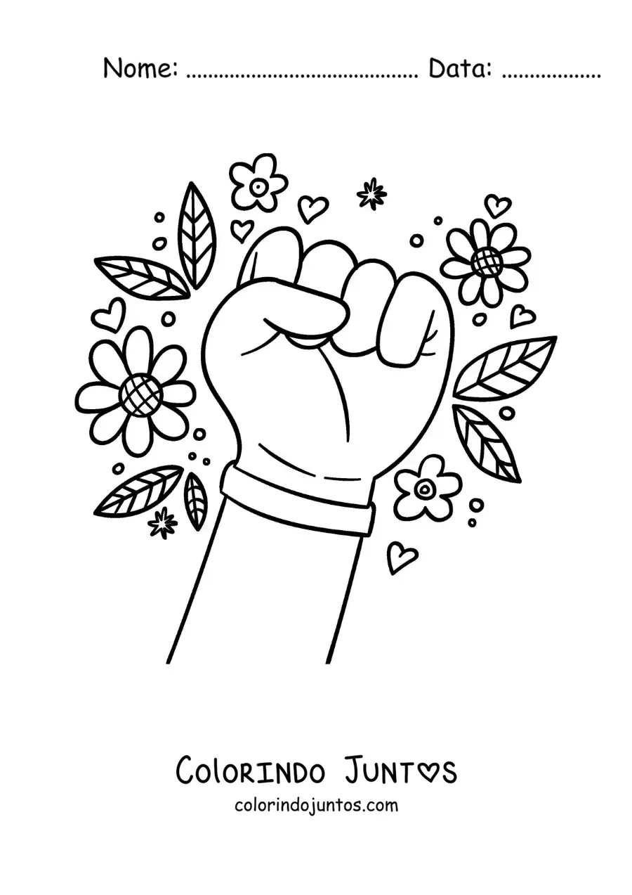 Desenho para colorir de uma mão com uma pulseira e flores
