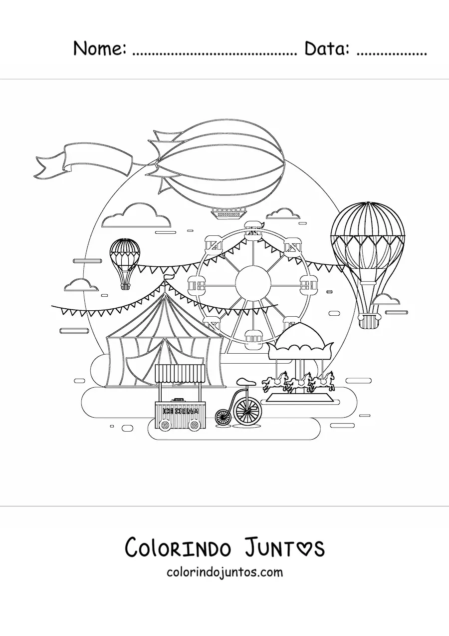 Desenho para colorir de varios baloes de ar quente voando sobre uma feira