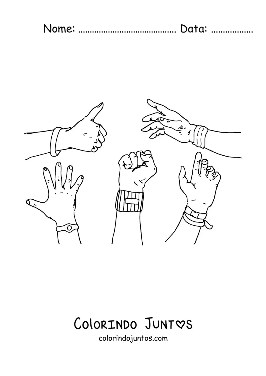 Desenho para colorir de mãos com pulseiras e braceletes