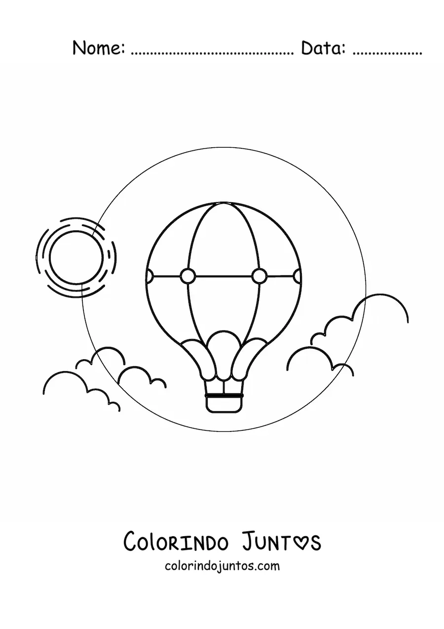 Desenho para colorir de um balao de ar quente no ceu diante do sol