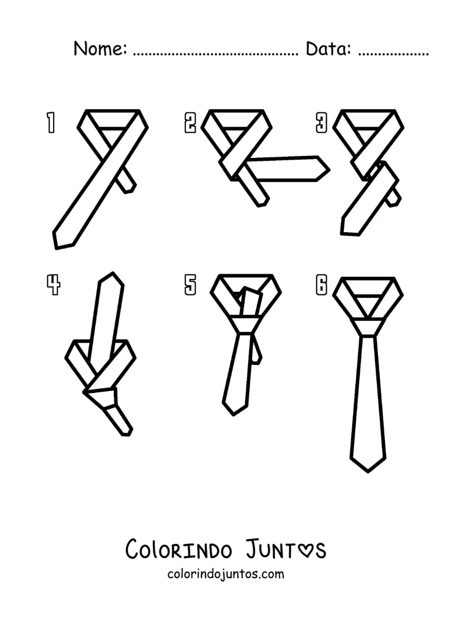 Desenho para colorir de passos para dar o nó de uma gravata