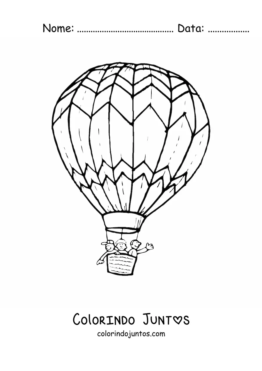 Desenho para colorir de tres criancas voando em um balao de ar quente