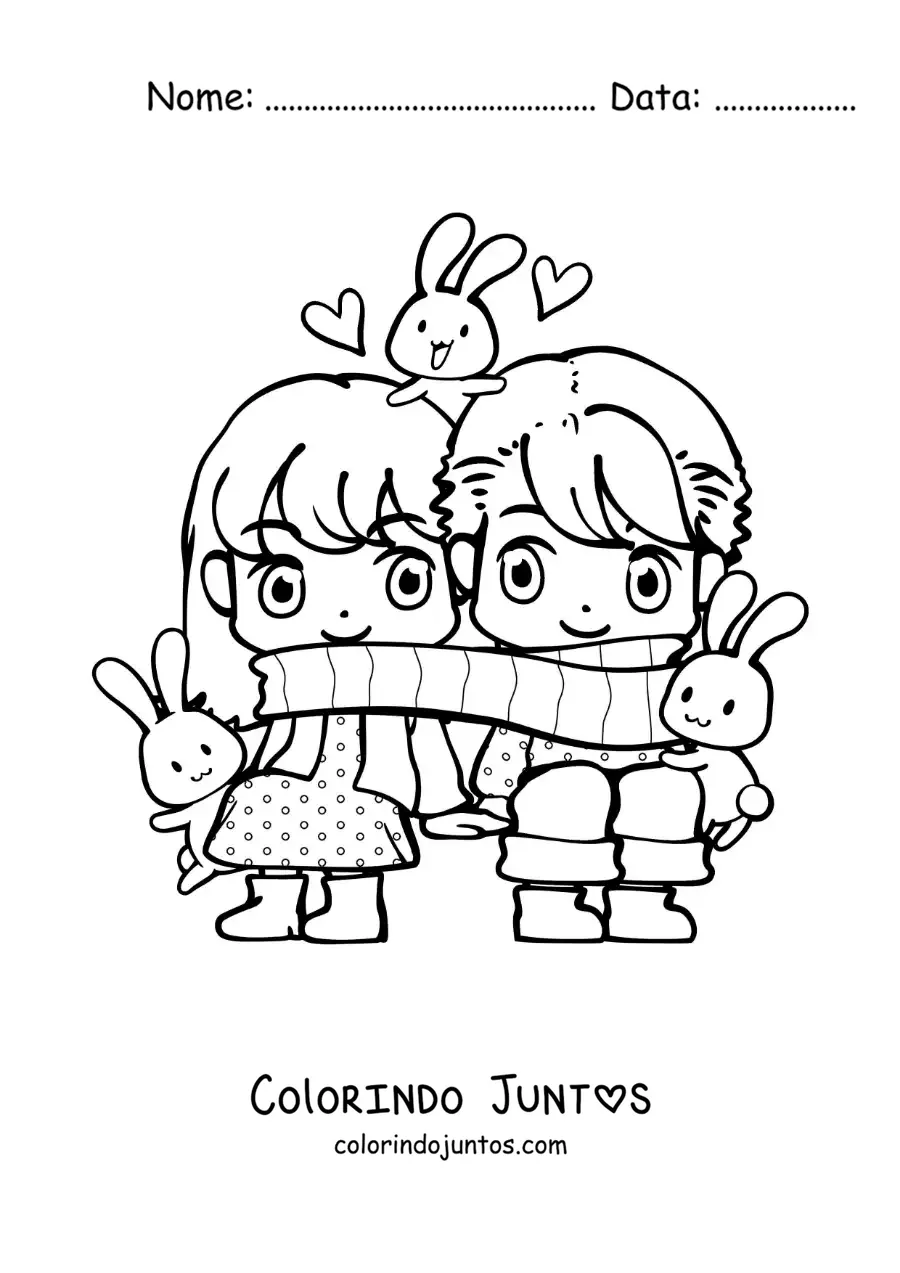Desenho para colorir de casal kawaii com um cachecol