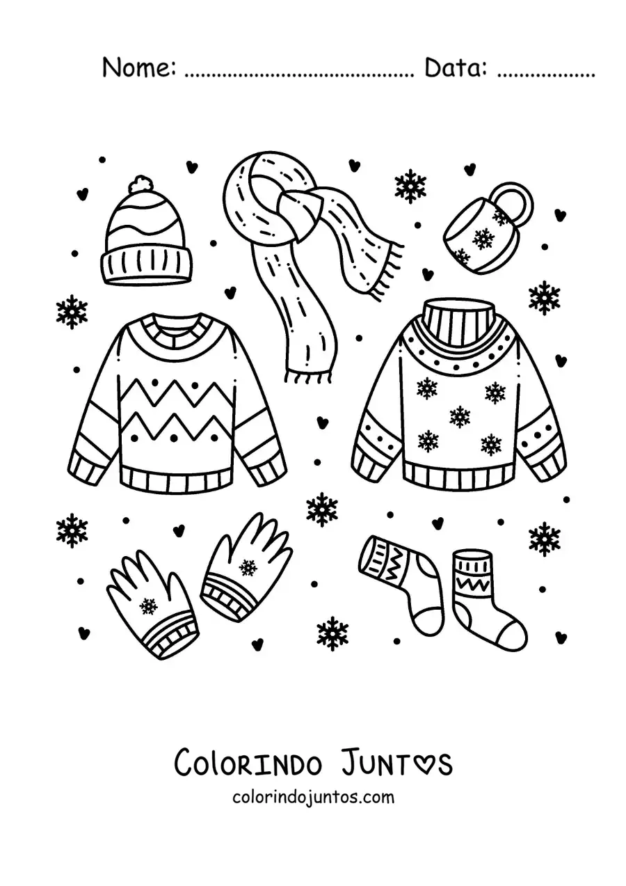Desenho para colorir de cachecol e roupas de inverno