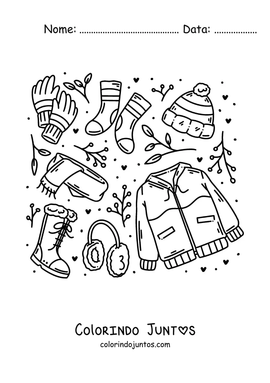 Desenho para colorir de casaco de inverno com um gorro e um cachecol