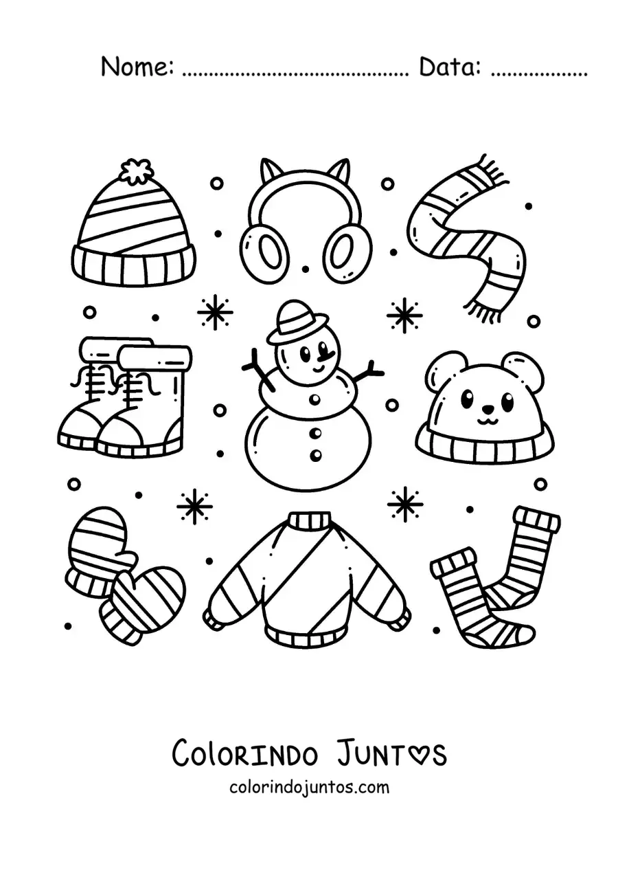 Desenho para colorir de boneco de neve com roupas de inverno