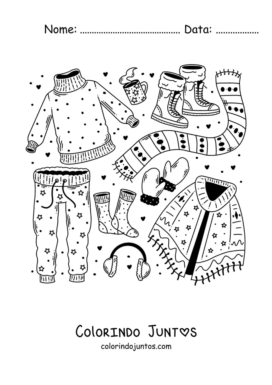 Desenho para colorir de cachecol e roupas para a neve