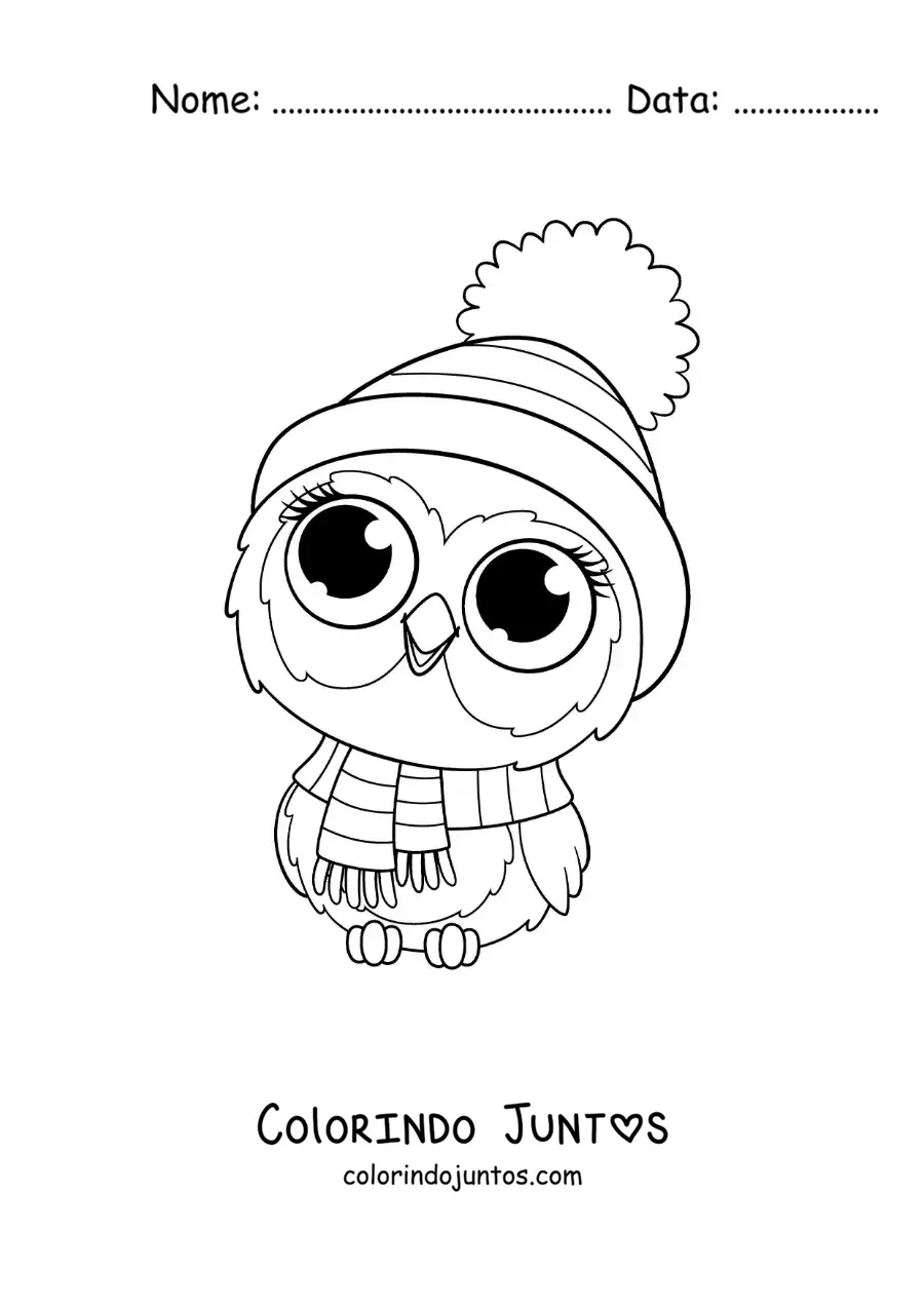 Desenho para colorir de coruja fofa de desenho com um cachecol