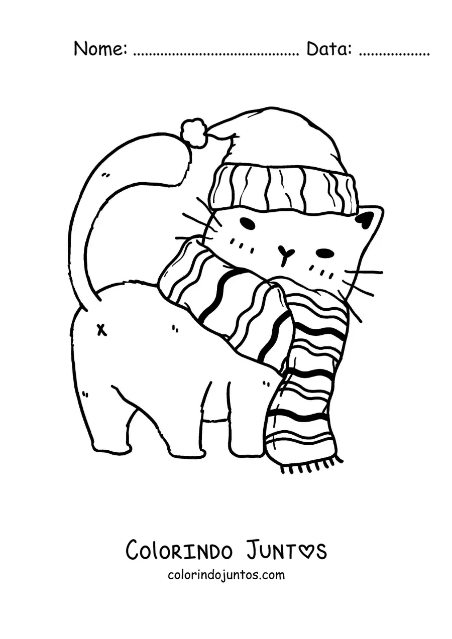 Desenho para colorir de gatinho de desenho com um cachecol