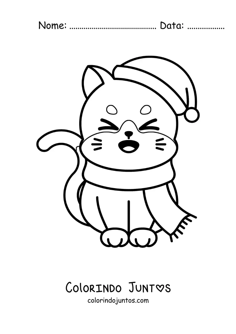 Desenho para colorir de gato de desenho com um cachecol e um gorro de Natal