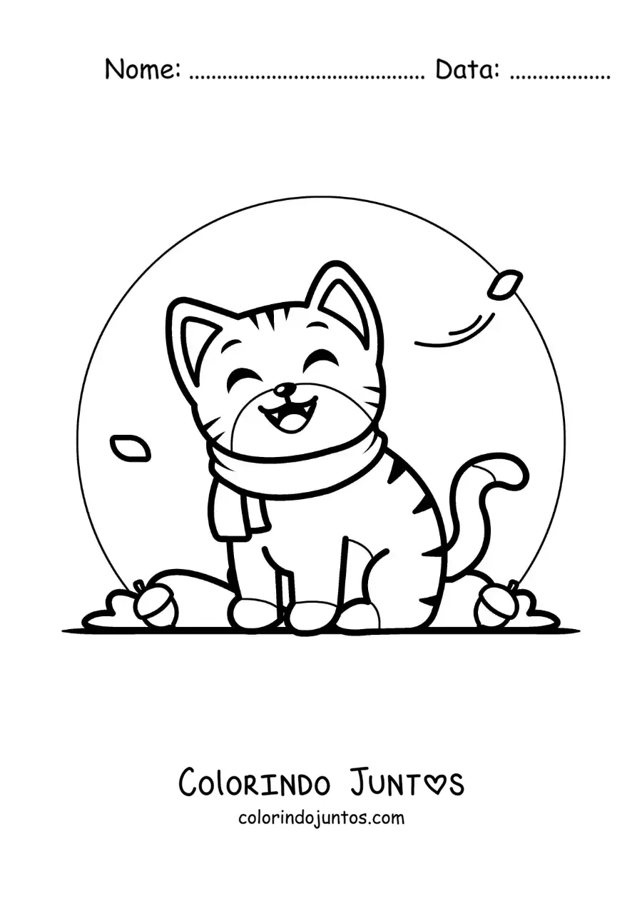Desenho para colorir de gato de desenho com um cachecol no outono