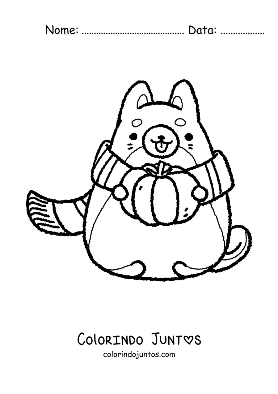 Desenho para colorir de gato de desenho com um cachecol e uma abóbora no outono