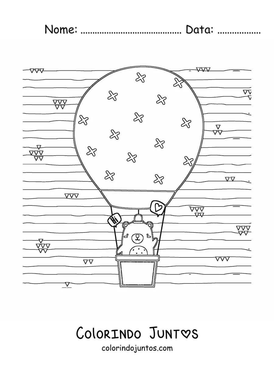 Desenho para colorir de um urso animado kawaii em um balao de ar quente
