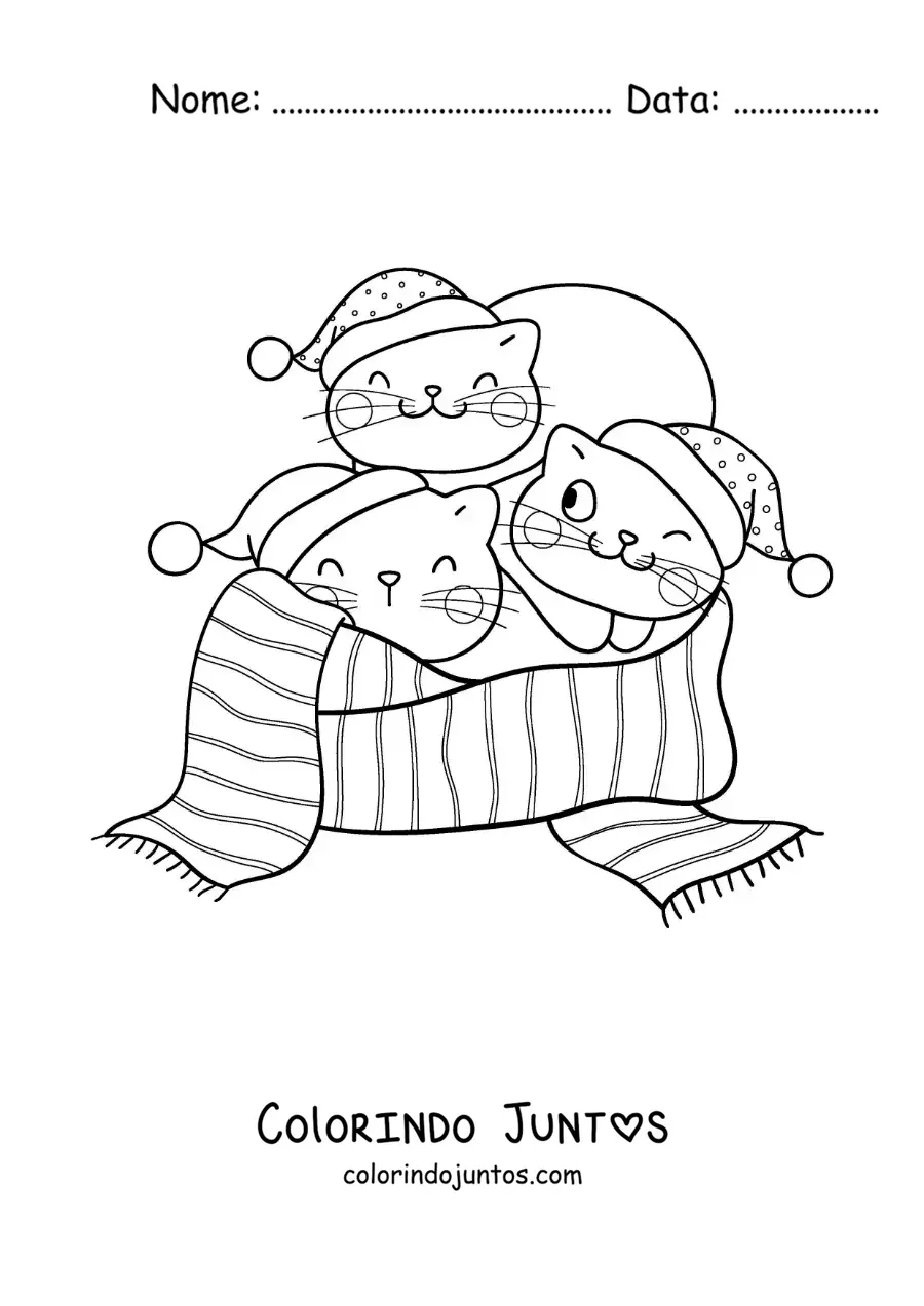 Desenho para colorir de três gatos de desenho em um cachecol natalino