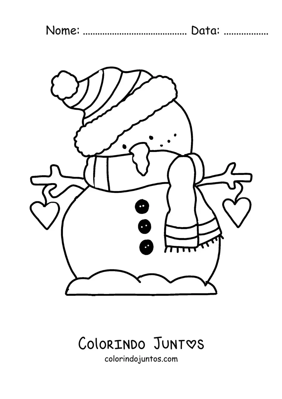 Desenho para colorir de boneco de neve de desenho com um cachecol e um gorro