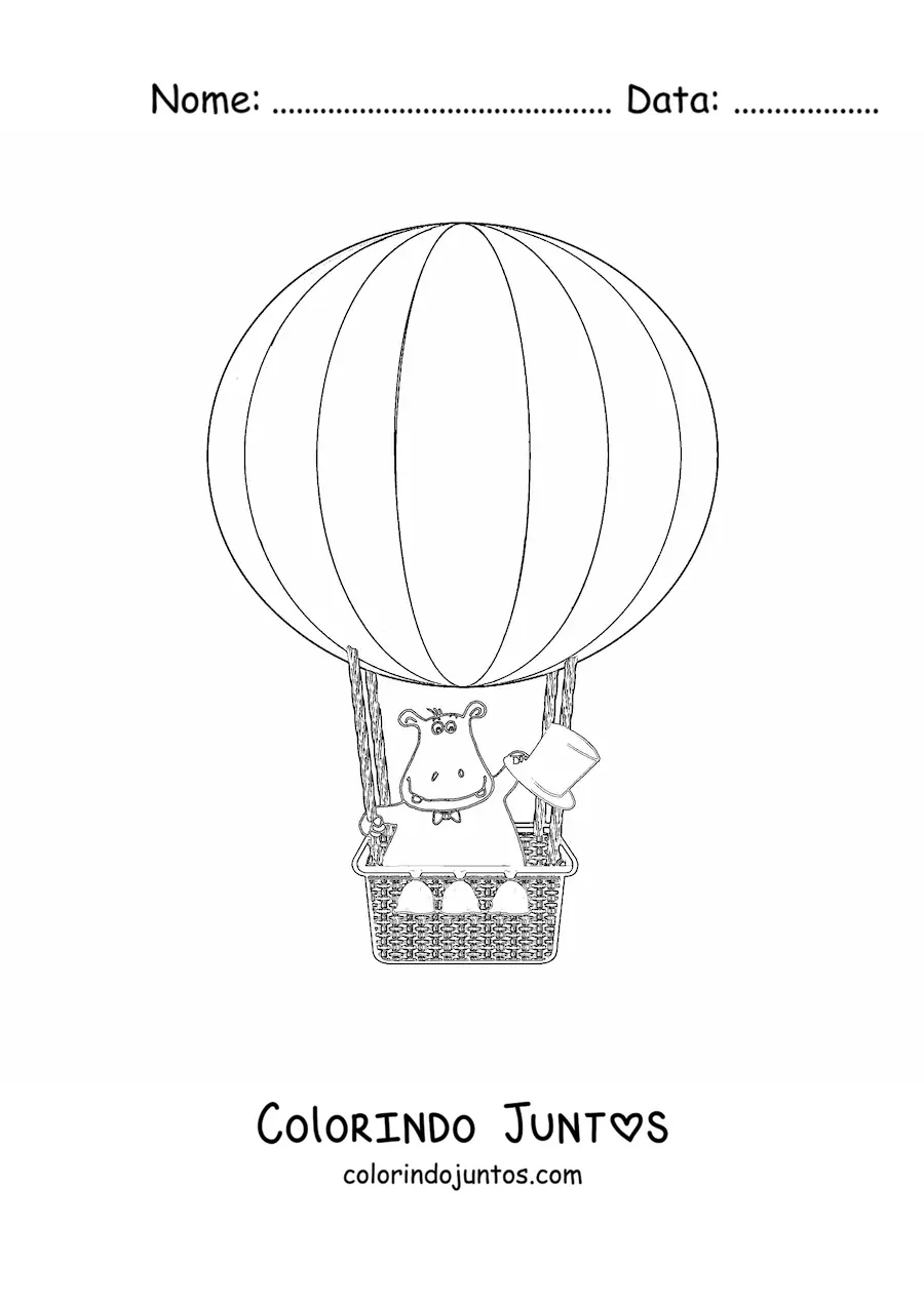 Desenho para colorir de um hipopotamo animado voando em um balao de ar quente