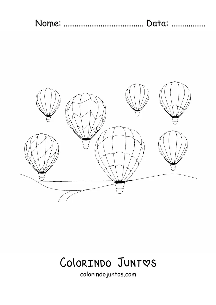 Desenho para colorir de varios baloes de ar quente no ar sobre uma paisagem