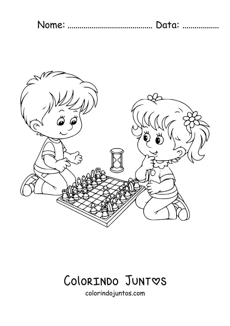 Desenho para colorir de um menino e uma menina jogando xadrez