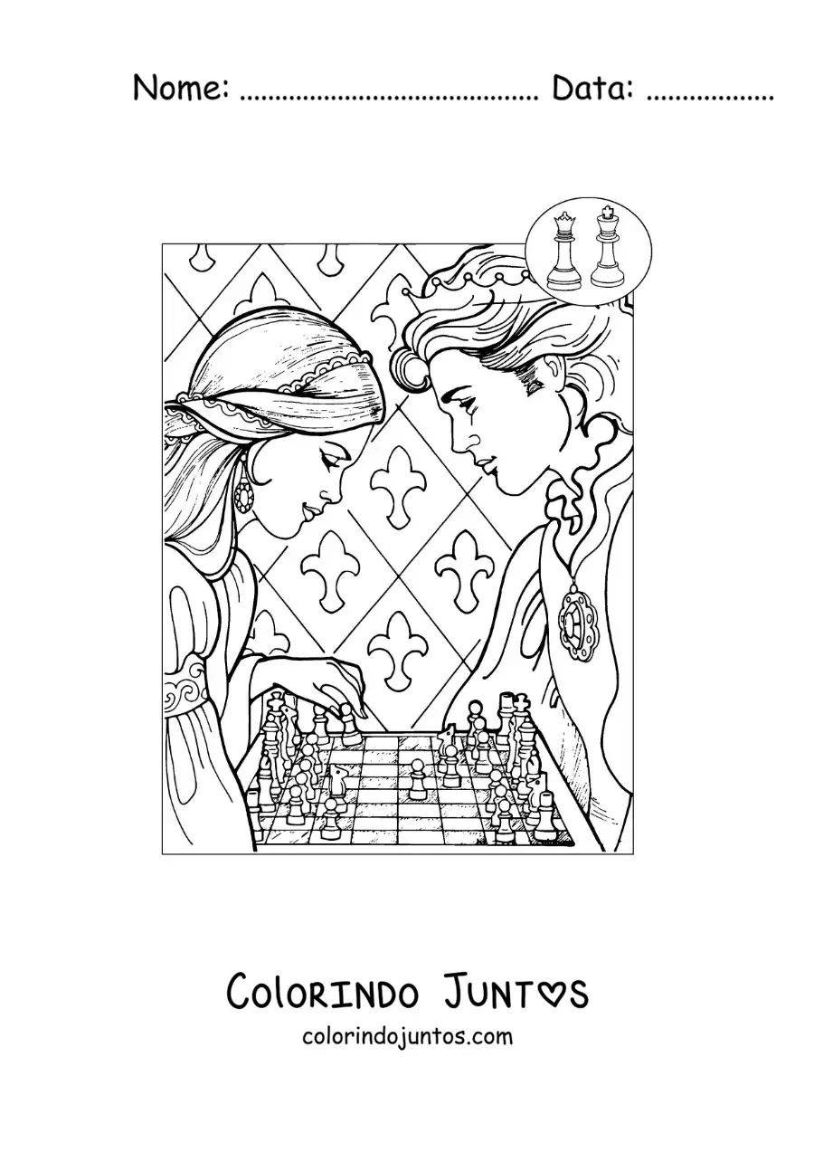 Desenho para colorir de uma princesa e um príncipe jogando xadrez