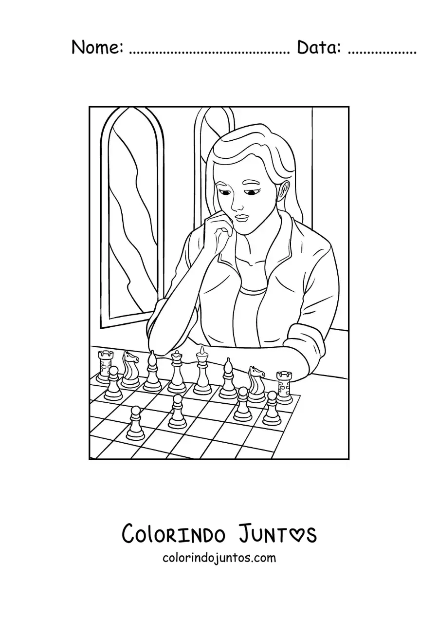 Desenho para colorir de uma menina jogando xadrez