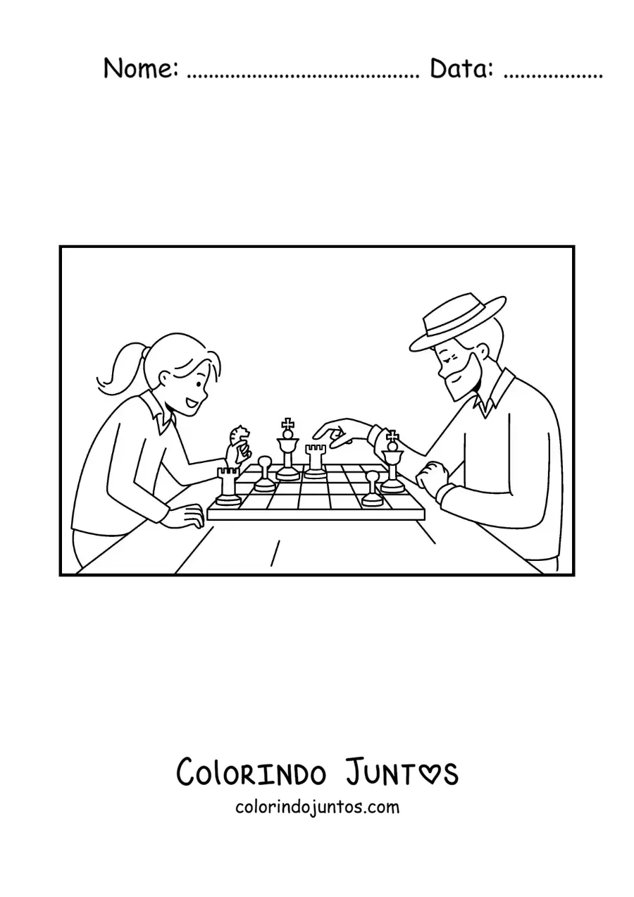 Desenho para colorir de uma menina jogando xadrez com o avô