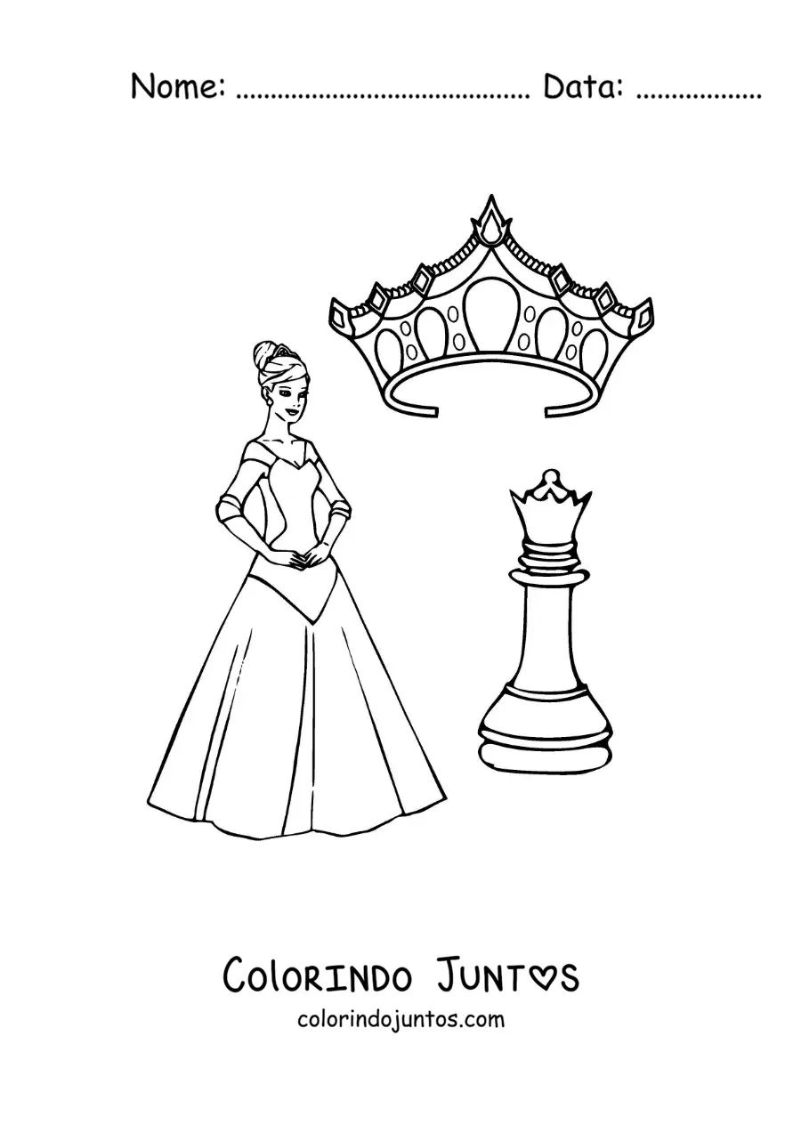 Desenho para colorir de peça da rainha do xadrez com uma coroa e uma rainha de desenho