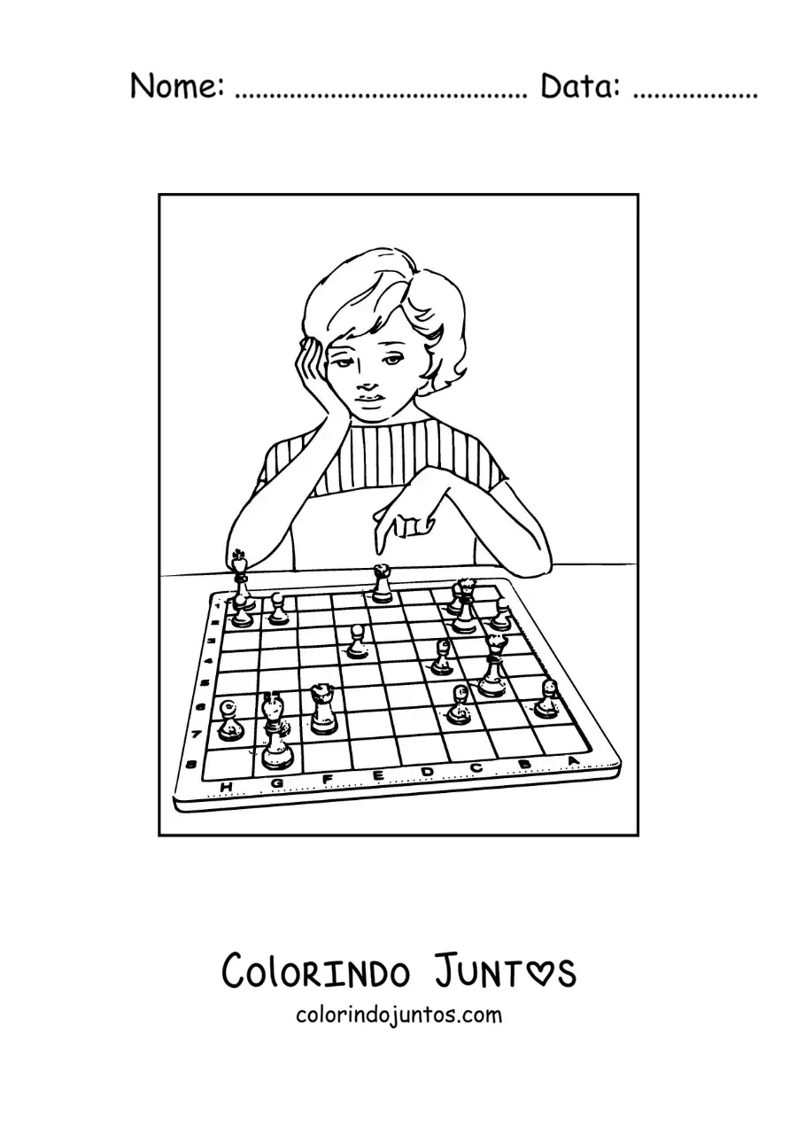 Desenho para colorir de uma menina jogando xadrez