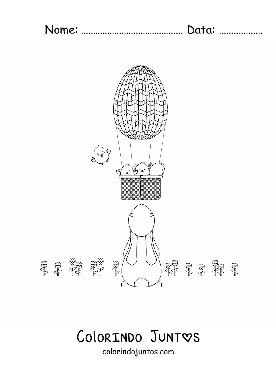 Desenho para colorir de um coelho animado e um balao de ar quente de Pascoa