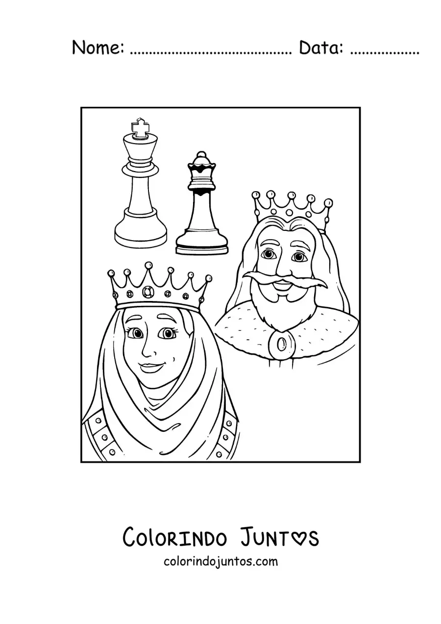 Desenho para colorir de peças da rainha e do rei do xadrez com reis de desenho