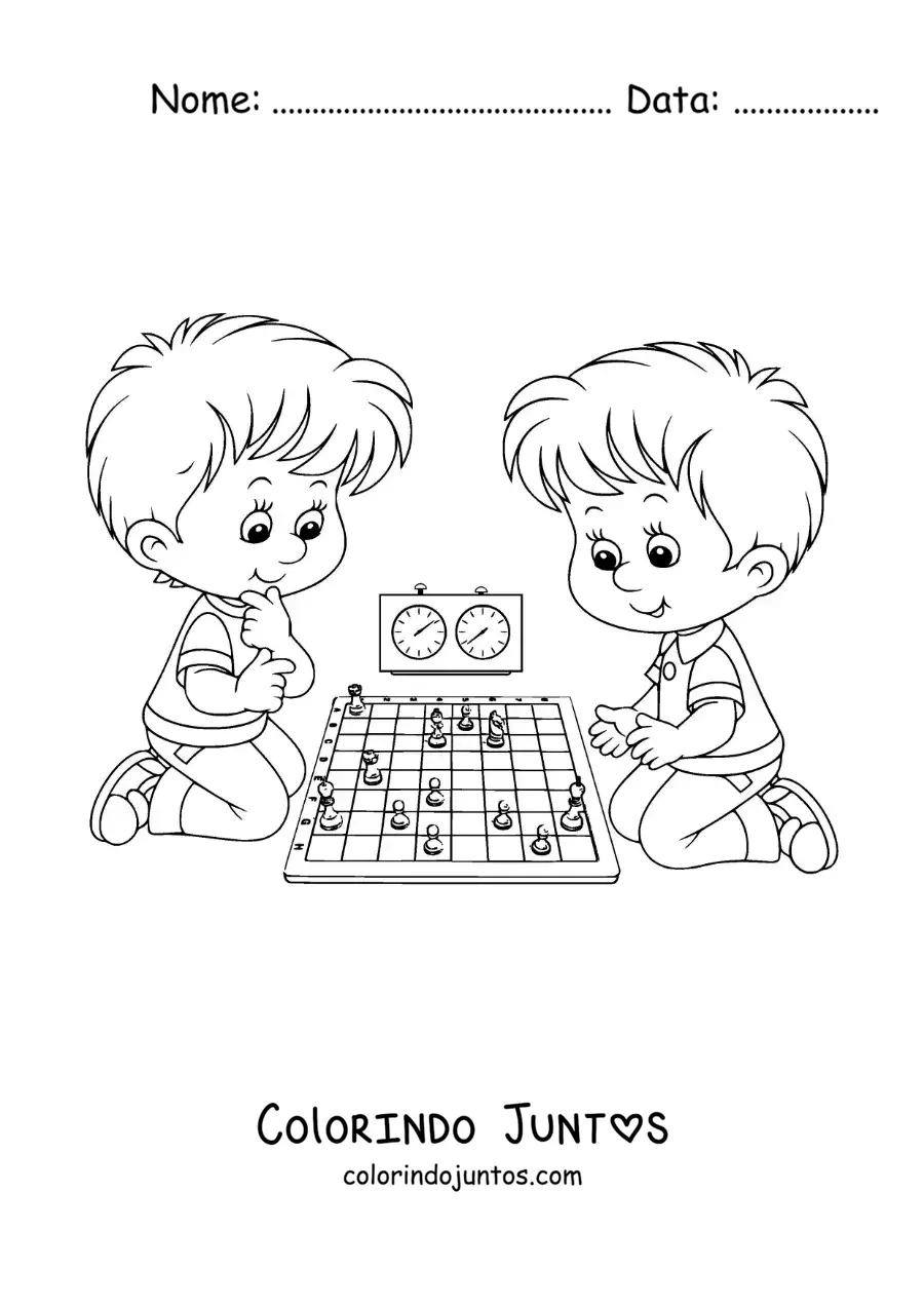 Desenho para colorir de duas crianças jogando xadrez