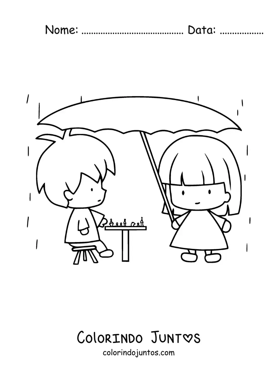 Desenho para colorir de duas crianças kawaii de desenho jogando xadrez na chuva