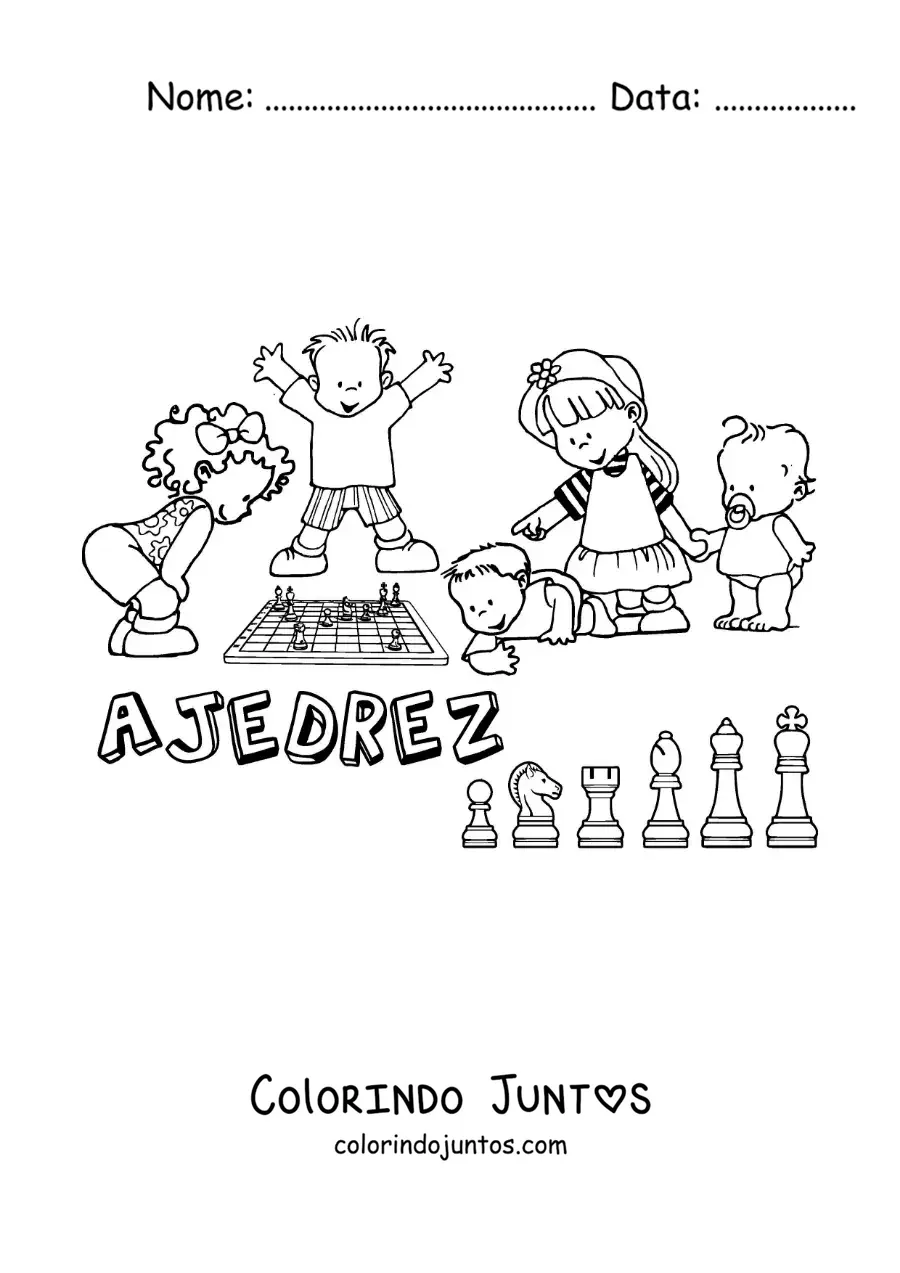 Desenho para colorir de crianças jogando xadrez e a palavra xadrez