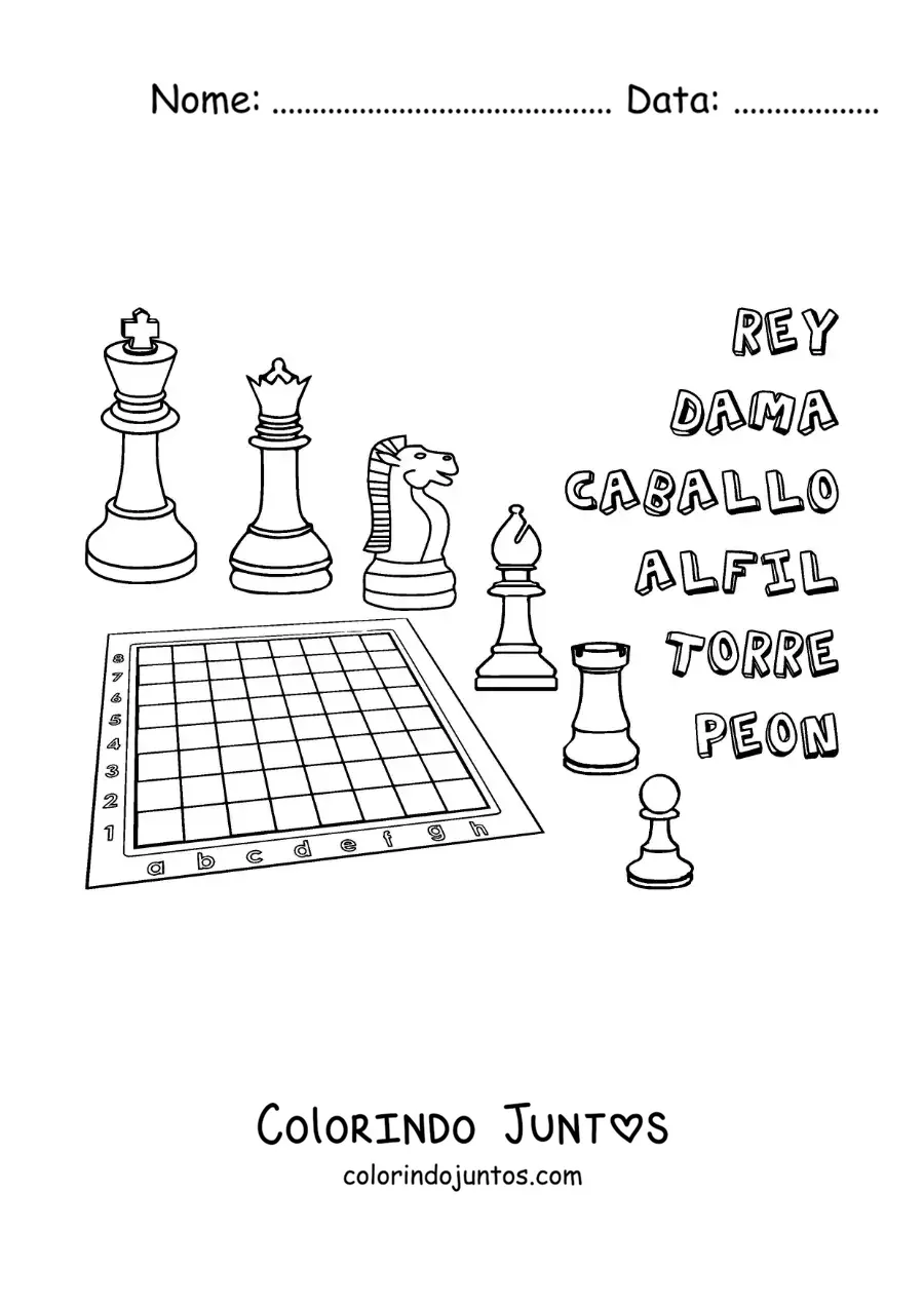 Desenho para colorir de tabuleiro e peças do xadrez com seus nomes