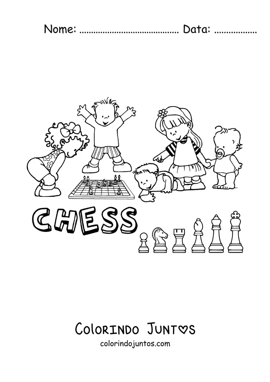 Desenho para colorir de crianças jogando xadrez e a palavra xadrez em inglês