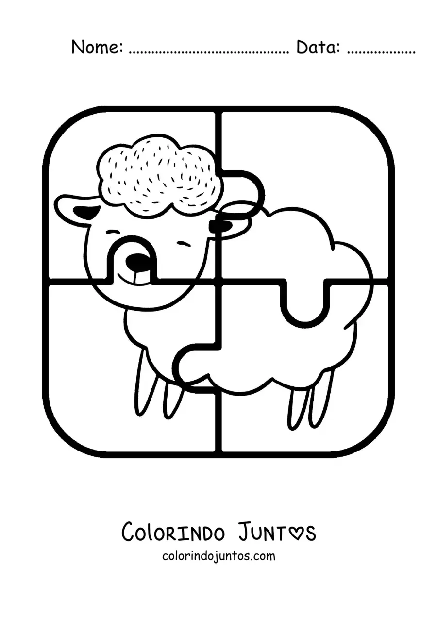 Desenho para colorir de quebra-cabeça recortável de 4 peças de uma ovelha de desenho
