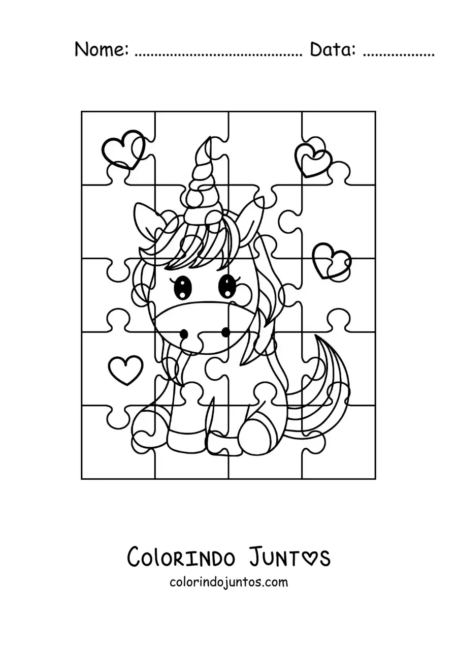 Desenho para colorir de quebra-cabeça recortável de um unicórnio de desenho
