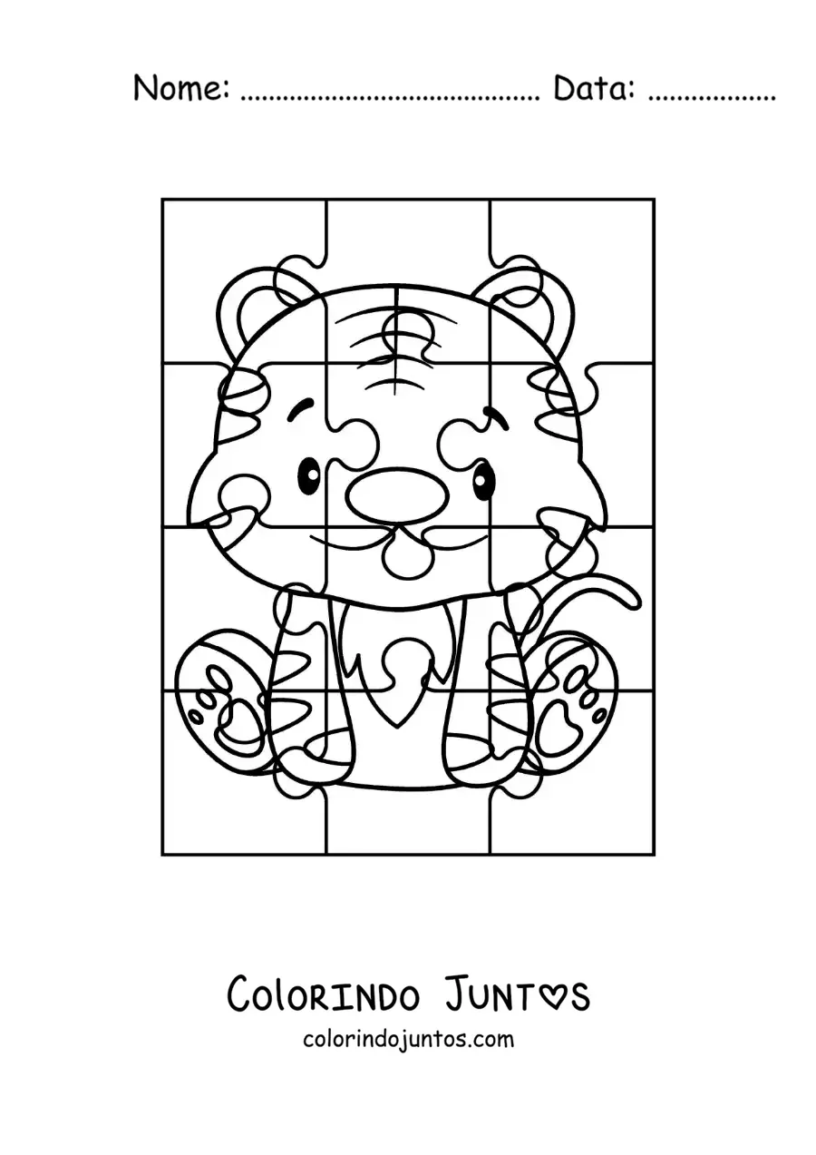 Desenho para colorir de quebra-cabeça recortável de um tigre de desenho