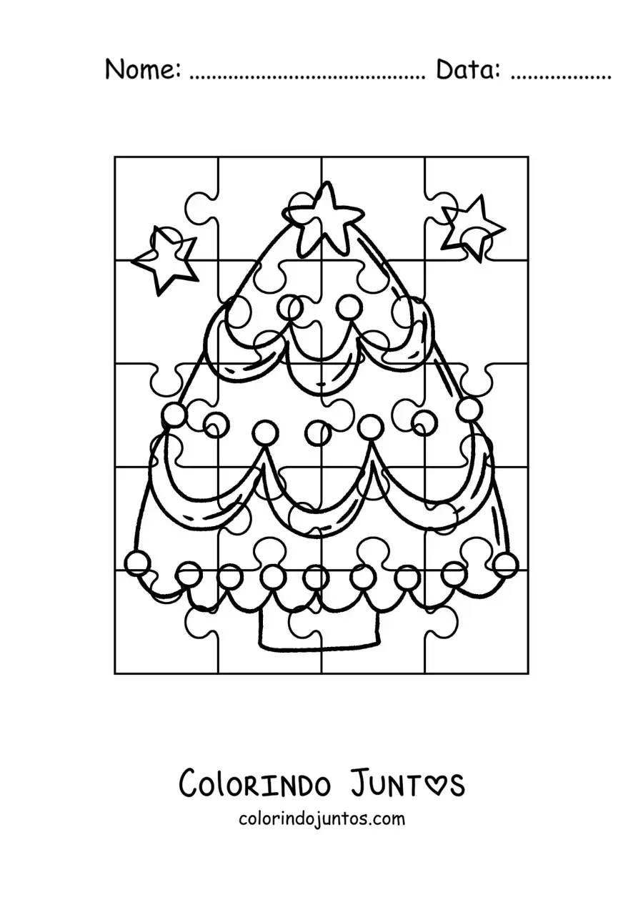 Desenho para colorir de quebra-cabeça natalino de uma árvore de Natal