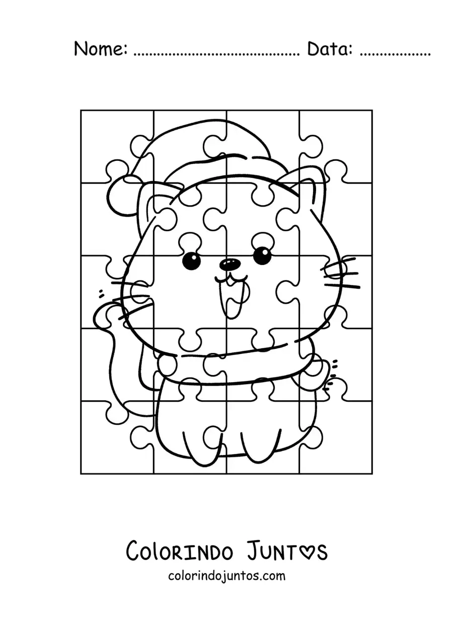 Desenho para colorir de quebra-cabeça natalino de um gato de desenho com um gorro